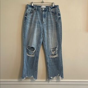 Distressed Light Blue Straight Leg Jeans
